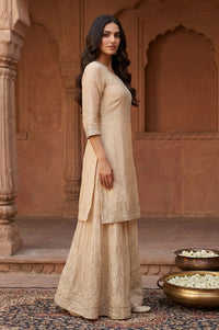 Beige Ethnic Motifs A-Line Kurta with Skirt and Dupatta Set