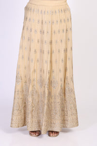 Beige Ethnic Motifs A-Line Kurta with Skirt and Dupatta Set