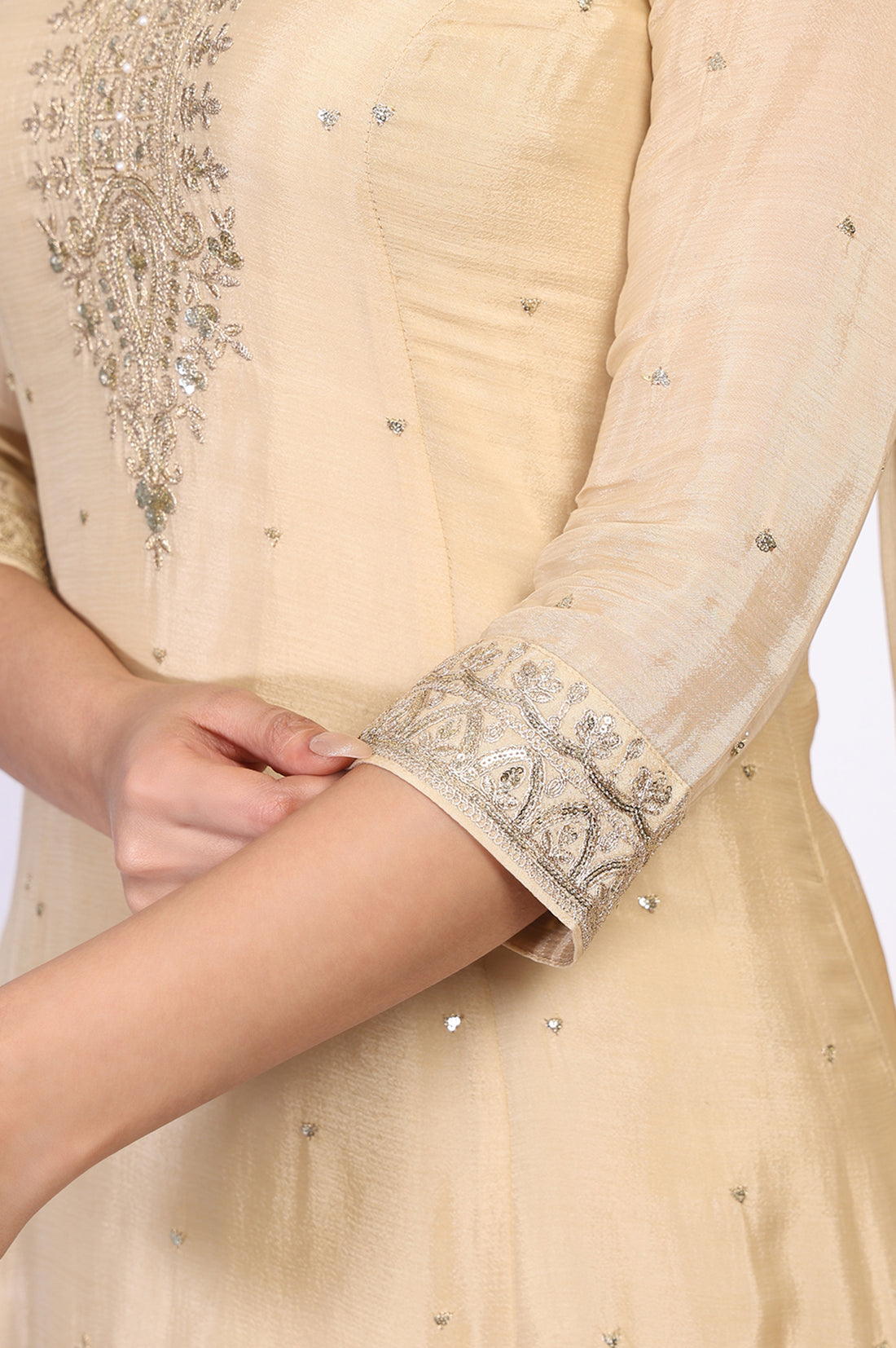 Beige Ethnic Motifs A-Line Kurta with Skirt and Dupatta Set