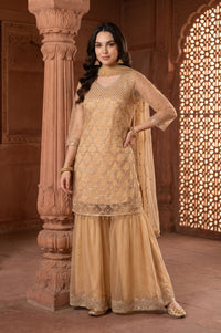 Beige Sequins Net Straight Kurta with Sharara and Dupatta Set