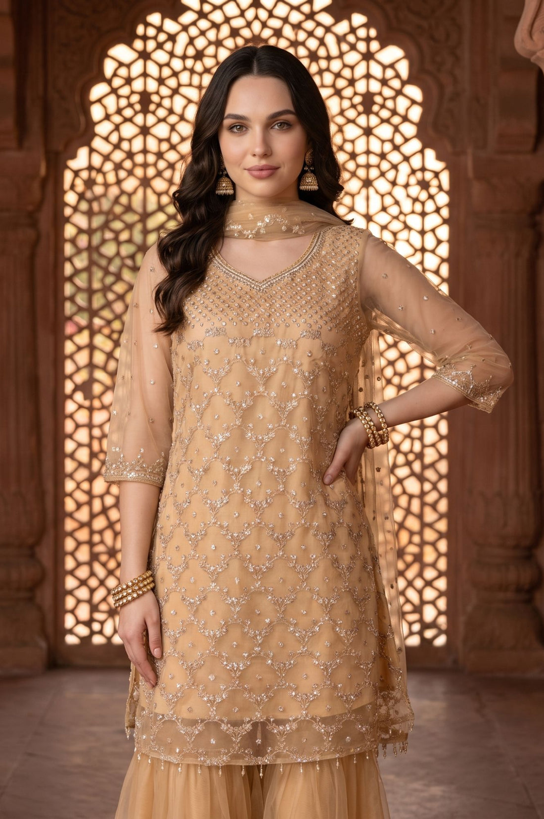 Beige Sequins Net Straight Kurta with Sharara and Dupatta Set