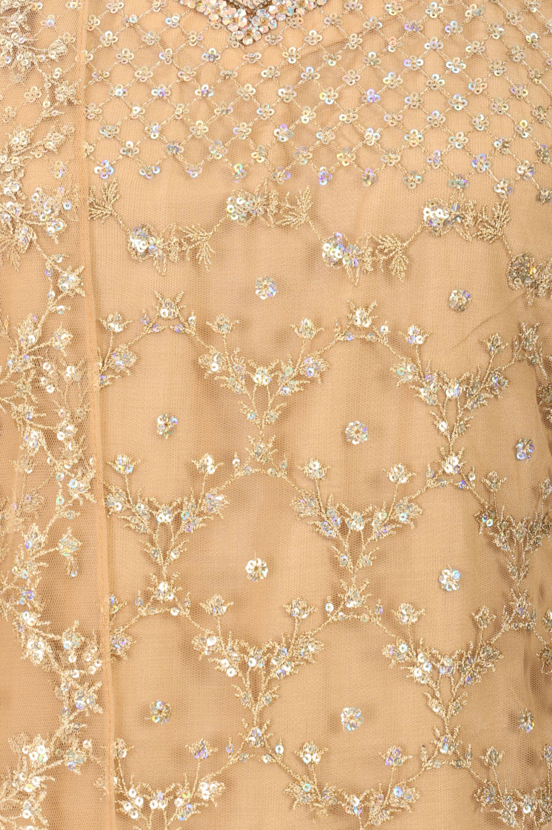 Beige Sequins Net Straight Kurta with Sharara and Dupatta Set