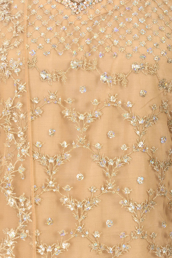 Beige Sequins Net Straight Kurta with Sharara and Dupatta Set