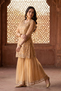 Beige Sequins Net Straight Kurta with Sharara and Dupatta Set