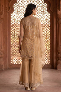 Beige Sequins Net Straight Kurta with Sharara and Dupatta Set