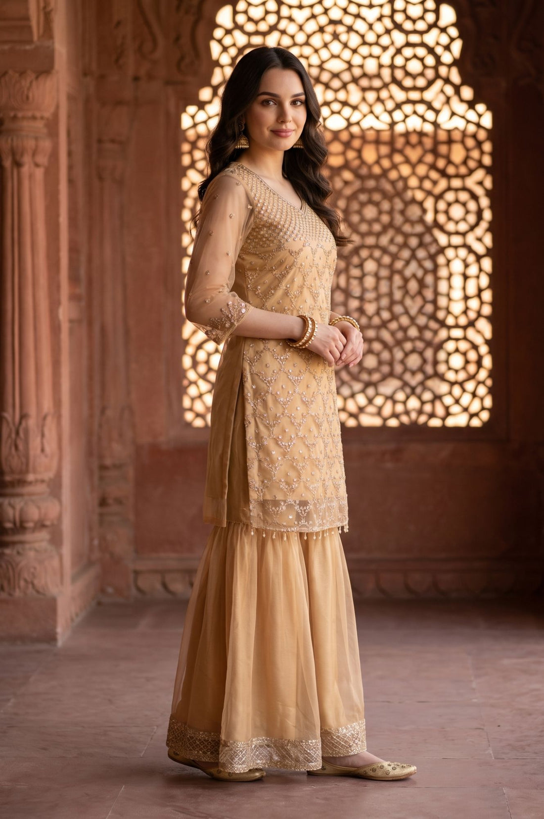 Beige Sequins Net Straight Kurta with Sharara and Dupatta Set