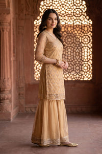 Beige Sequins Net Straight Kurta with Sharara and Dupatta Set