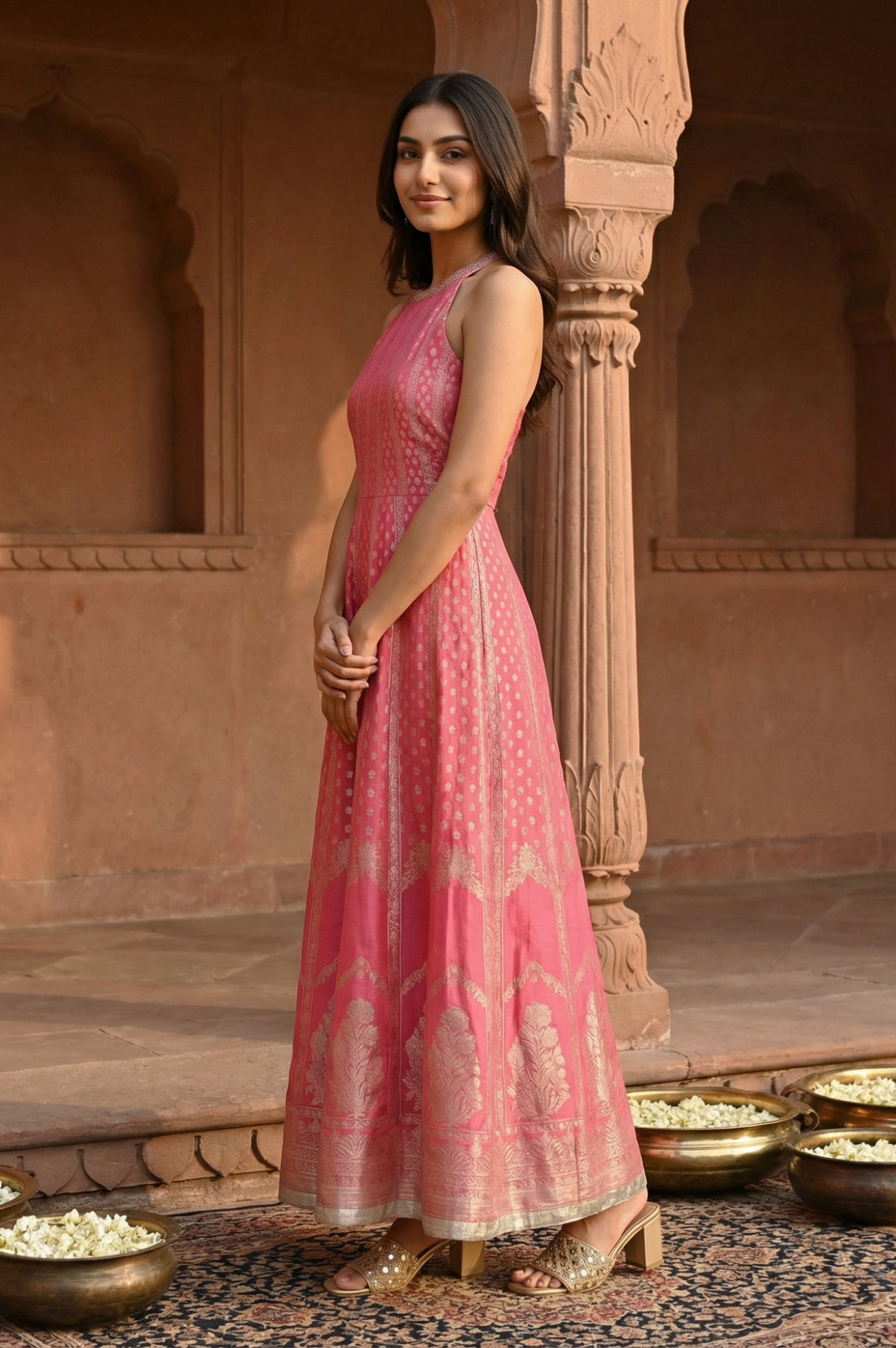 Pink Yarn Dyed Jacquard Zari Sleeveless Flared Kurta with Trousers and Dupatta Set