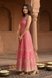 Pink Yarn Dyed Jacquard Zari Sleeveless Flared Kurta with Trousers and Dupatta Set