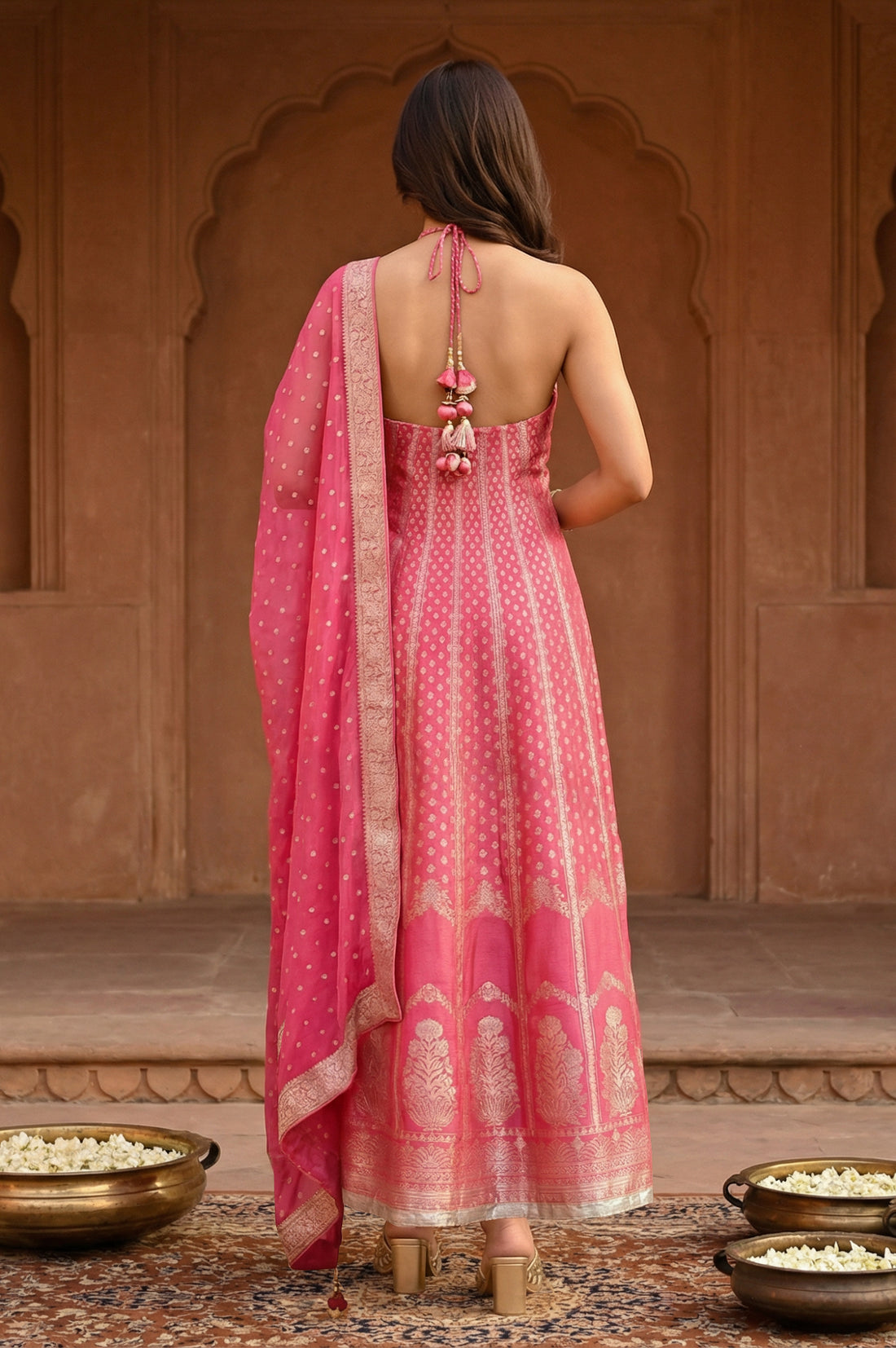 Pink Yarn Dyed Jacquard Zari Sleeveless Flared Kurta with Trousers and Dupatta Set