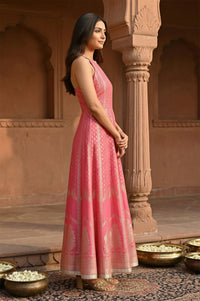 Pink Yarn Dyed Jacquard Zari Sleeveless Flared Kurta with Trousers and Dupatta Set