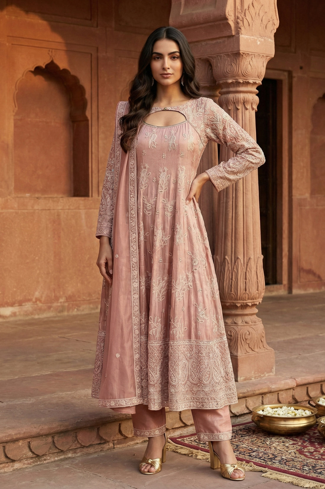 Rose Embroidered Sequinned Tissue Anarkali with Trouser and Dupatta Set