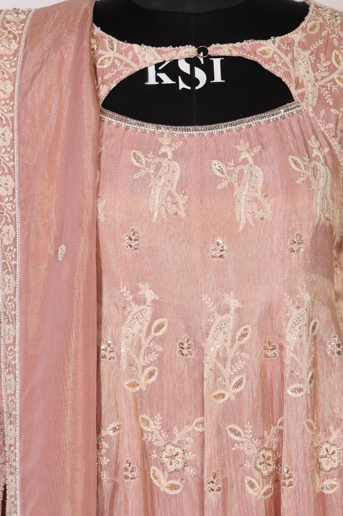 Rose Embroidered Sequinned Tissue Anarkali with Trouser and Dupatta Set