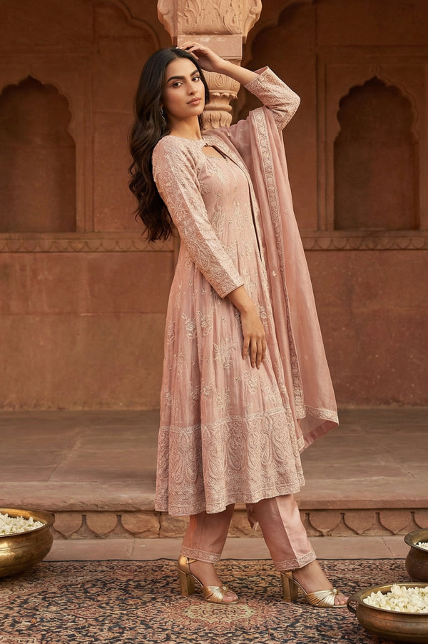 Rose Embroidered Sequinned Tissue Anarkali with Trouser and Dupatta Set