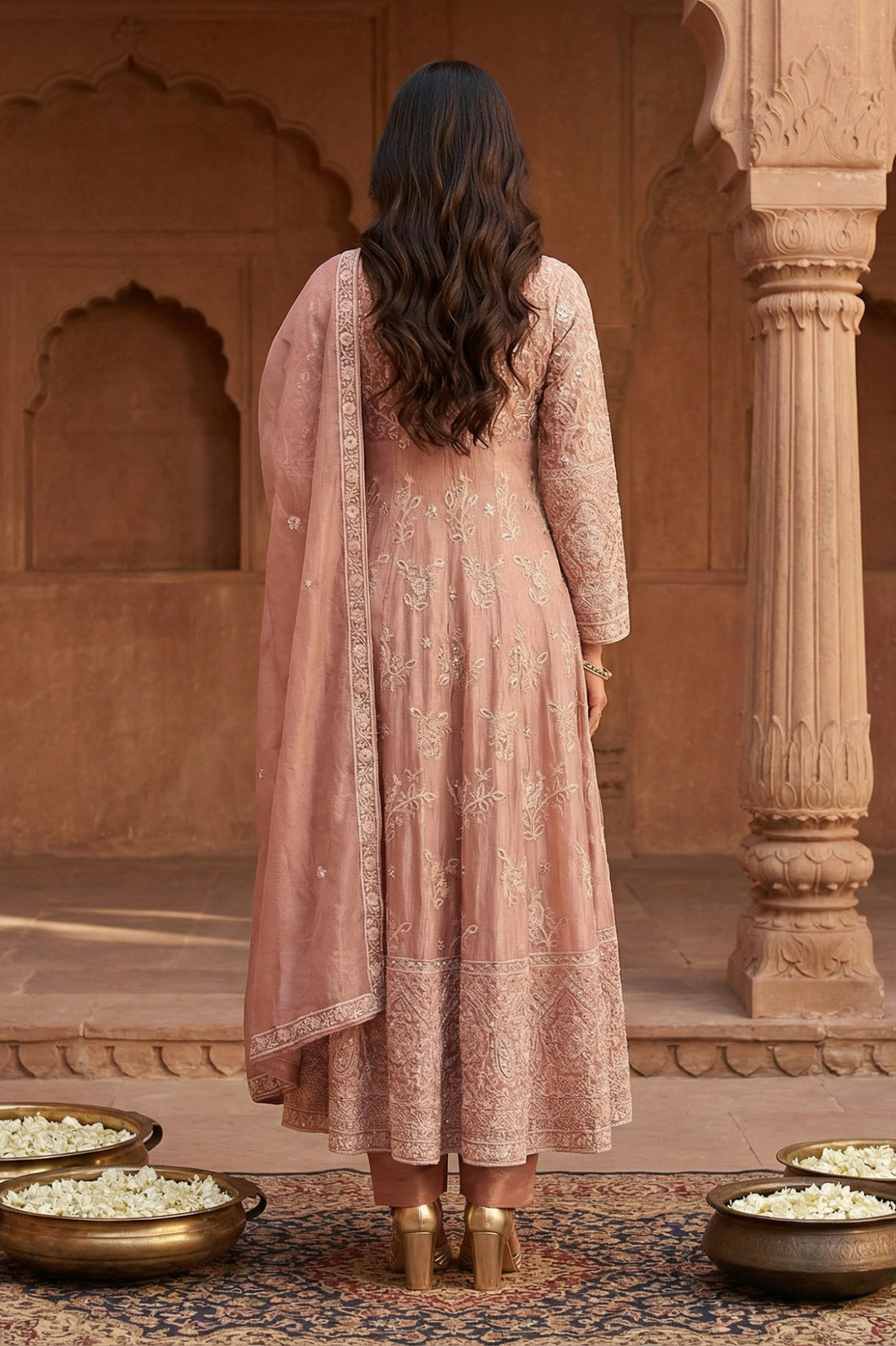 Rose Embroidered Sequinned Tissue Anarkali with Trouser and Dupatta Set