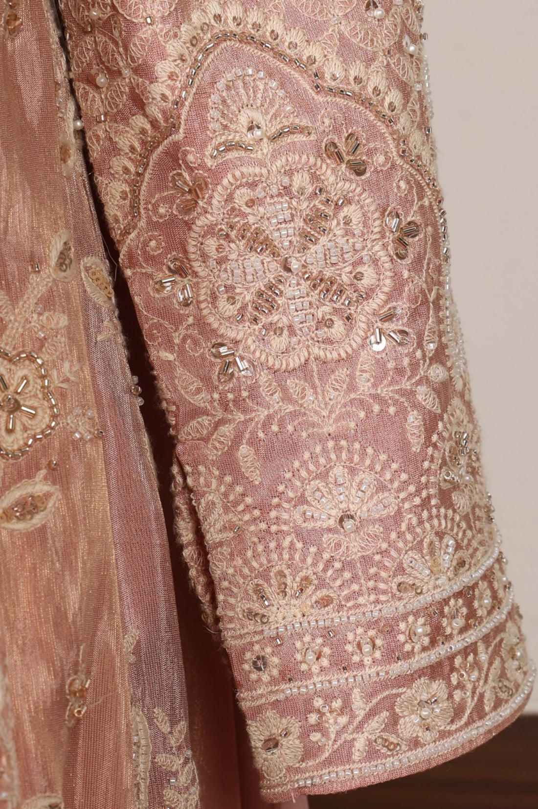 Rose Embroidered Sequinned Tissue Anarkali with Trouser and Dupatta Set