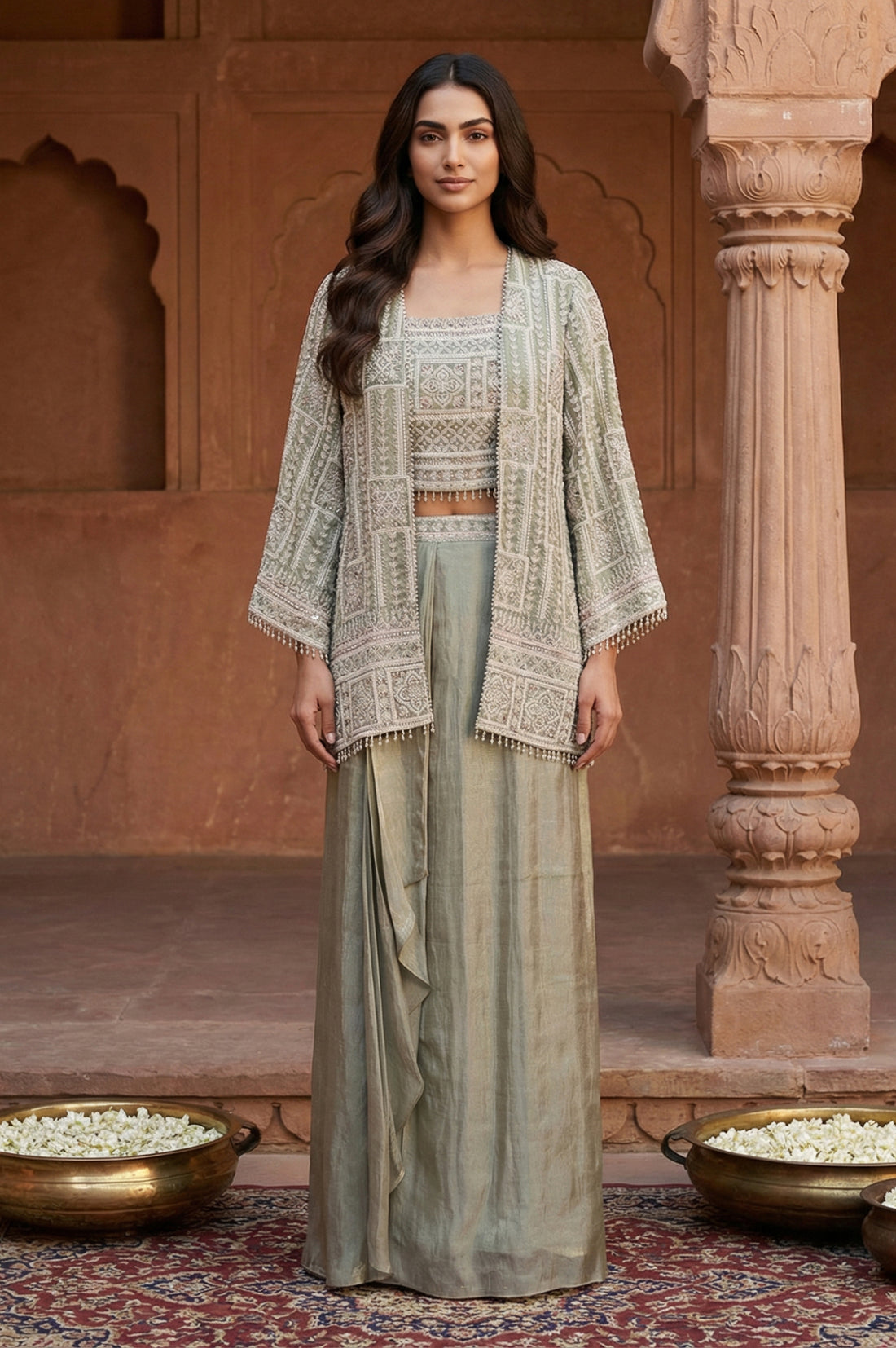 Green Embroidered Geometric Zari Tissue Straight Crop Top with Skirt and Jacket Set