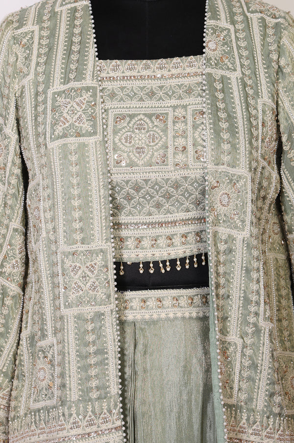 Green Embroidered Geometric Zari Tissue Straight Crop Top with Skirt and Jacket Set
