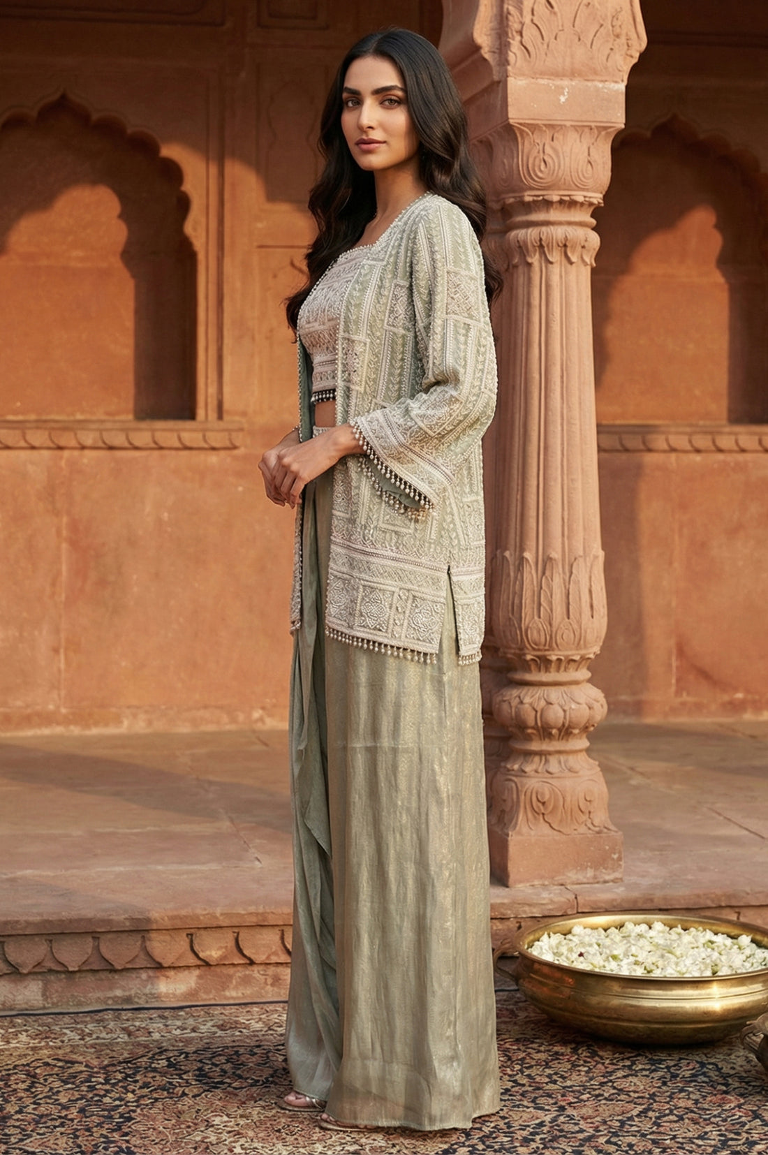 Green Embroidered Geometric Zari Tissue Straight Crop Top with Skirt and Jacket Set