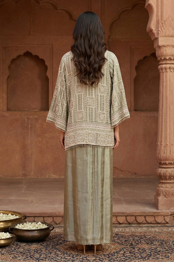 Green Embroidered Geometric Zari Tissue Straight Crop Top with Skirt and Jacket Set