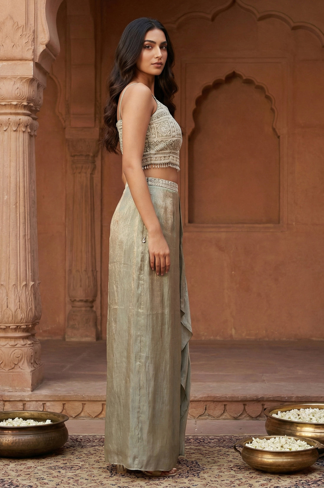Green Embroidered Geometric Zari Tissue Straight Crop Top with Skirt and Jacket Set