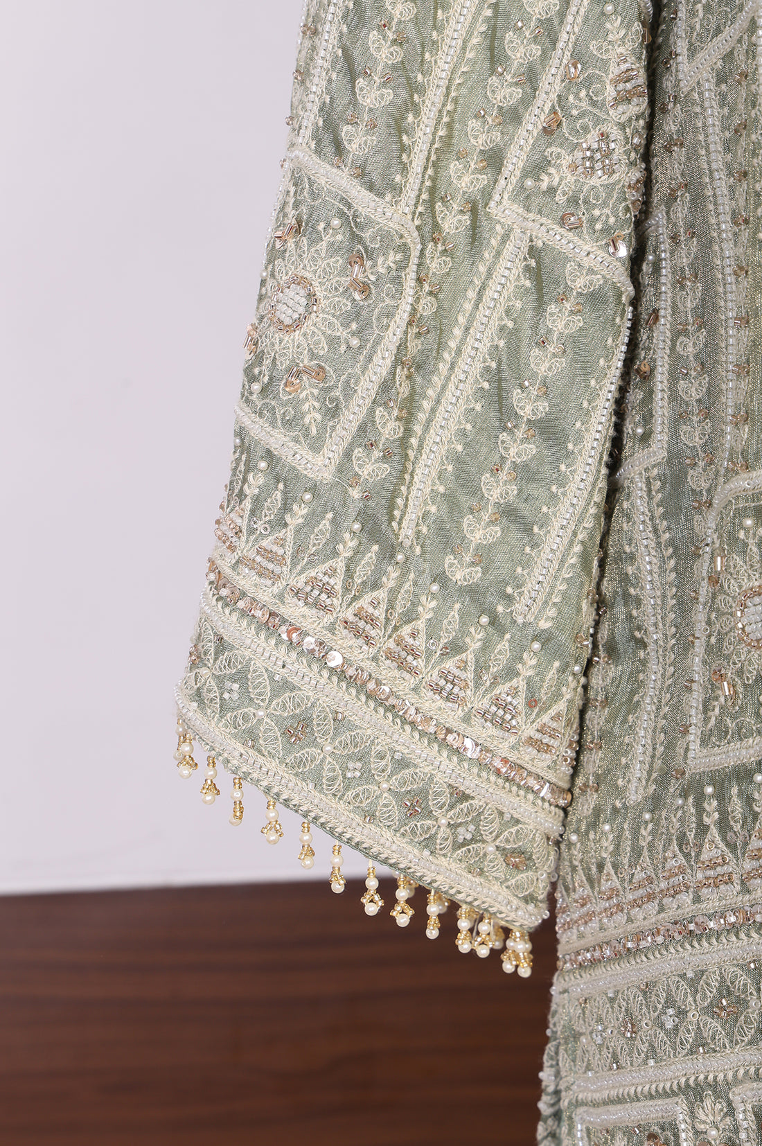 Green Embroidered Geometric Zari Tissue Straight Crop Top with Skirt and Jacket Set