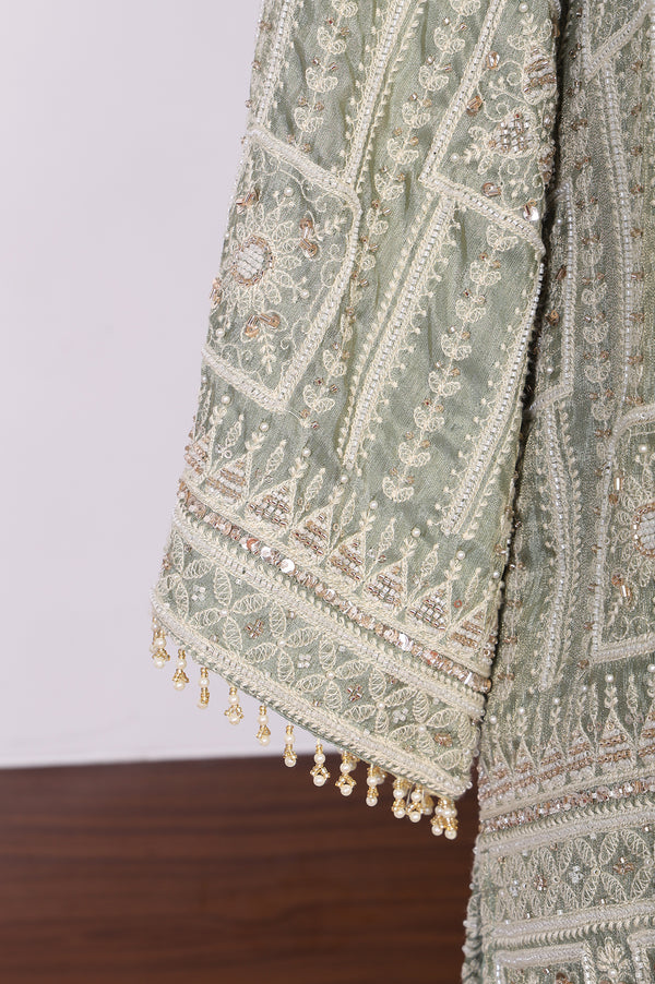 Green Embroidered Geometric Zari Tissue Straight Crop Top with Skirt and Jacket Set