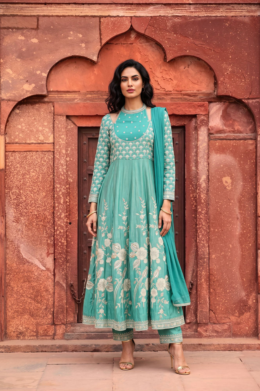 Teal Zari Embroidered Tissue Anarkali Kurta with Trouser and Dupatta Set
