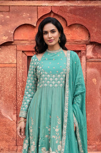 Teal Zari Embroidered Tissue Anarkali Kurta with Trouser and Dupatta Set