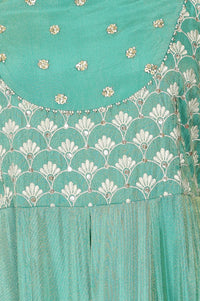 Teal Zari Embroidered Tissue Anarkali Kurta with Trouser and Dupatta Set