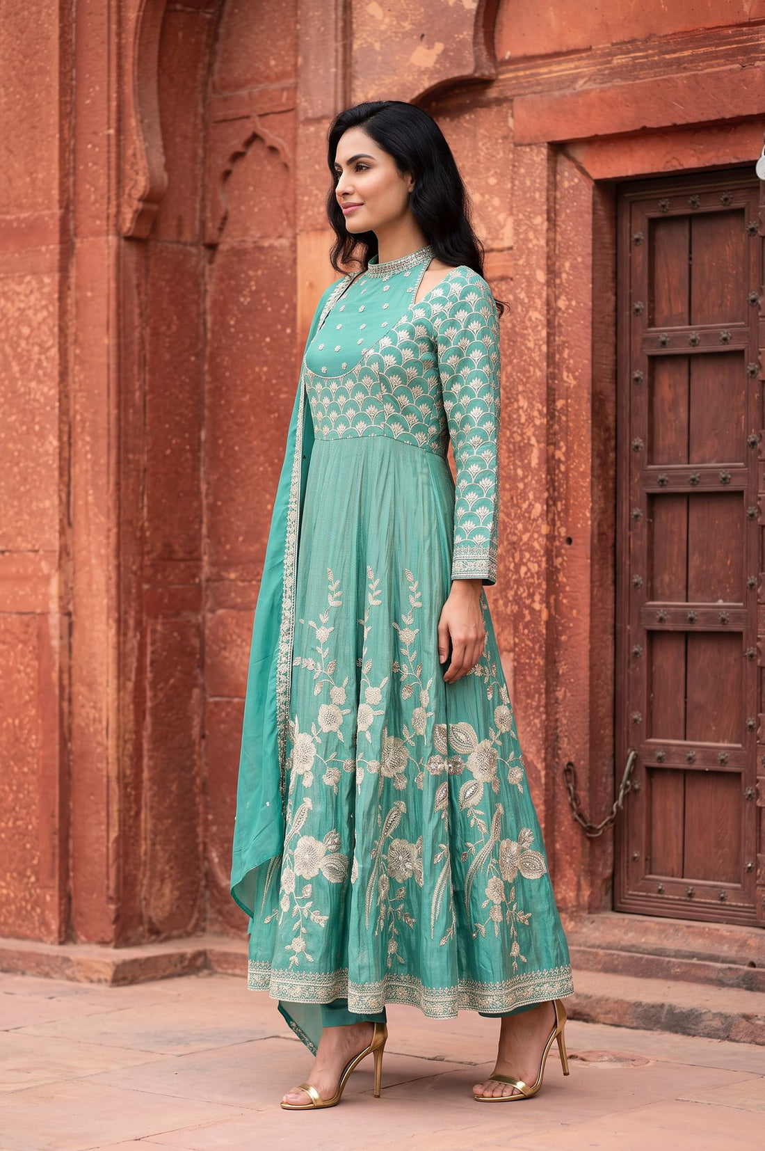 Teal Zari Embroidered Tissue Anarkali Kurta with Trouser and Dupatta Set