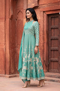 Teal Zari Embroidered Tissue Anarkali Kurta with Trouser and Dupatta Set