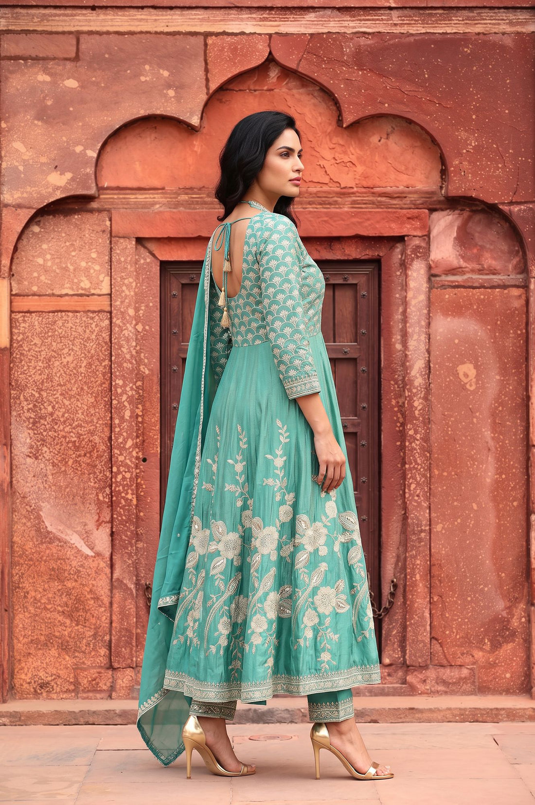 Teal Zari Embroidered Tissue Anarkali Kurta with Trouser and Dupatta Set