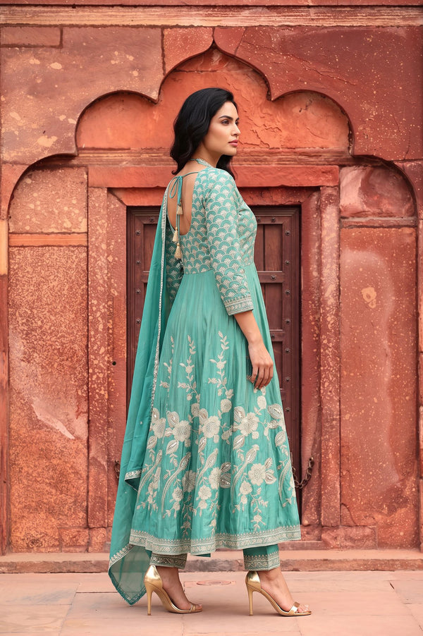 Teal Zari Embroidered Tissue Anarkali Kurta with Trouser and Dupatta Set