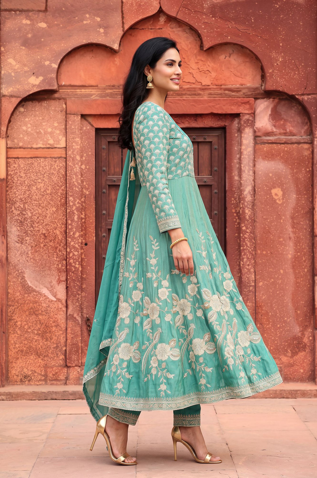 Teal Zari Embroidered Tissue Anarkali Kurta with Trouser and Dupatta Set
