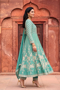 Teal Zari Embroidered Tissue Anarkali Kurta with Trouser and Dupatta Set