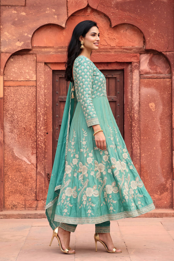 Teal Zari Embroidered Tissue Anarkali Kurta with Trouser and Dupatta Set