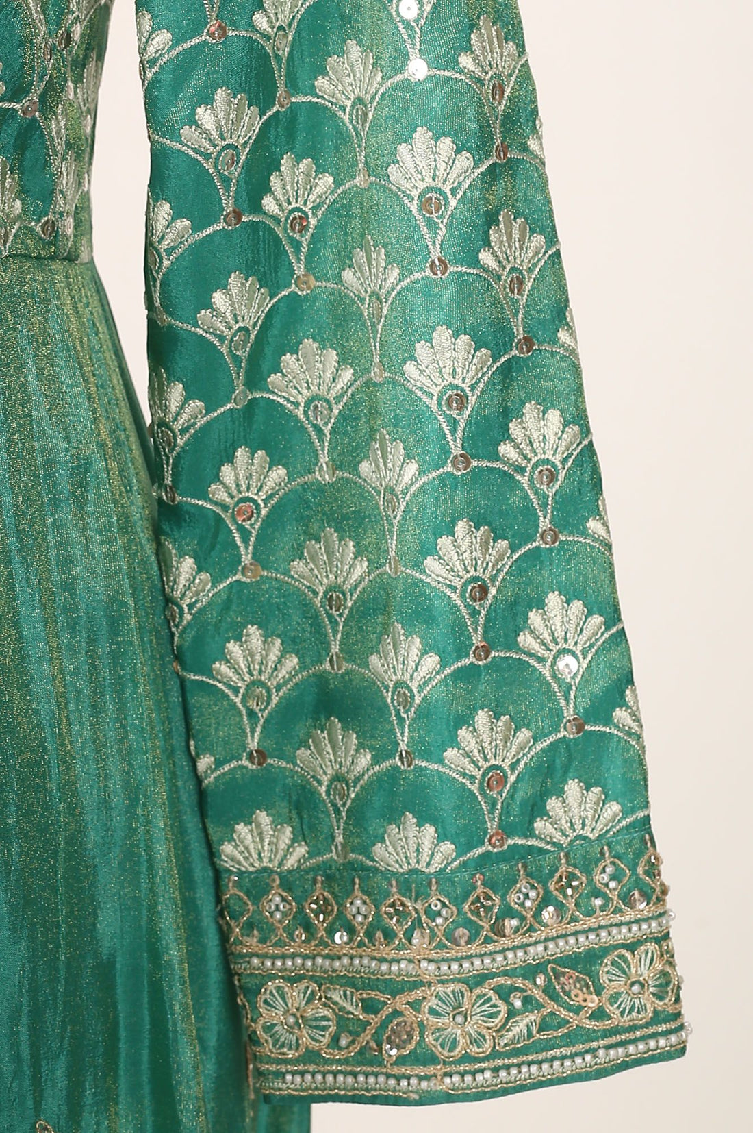 Teal Zari Embroidered Tissue Anarkali Kurta with Trouser and Dupatta Set