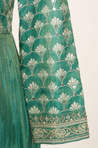 Teal Zari Embroidered Tissue Anarkali Kurta with Trouser and Dupatta Set