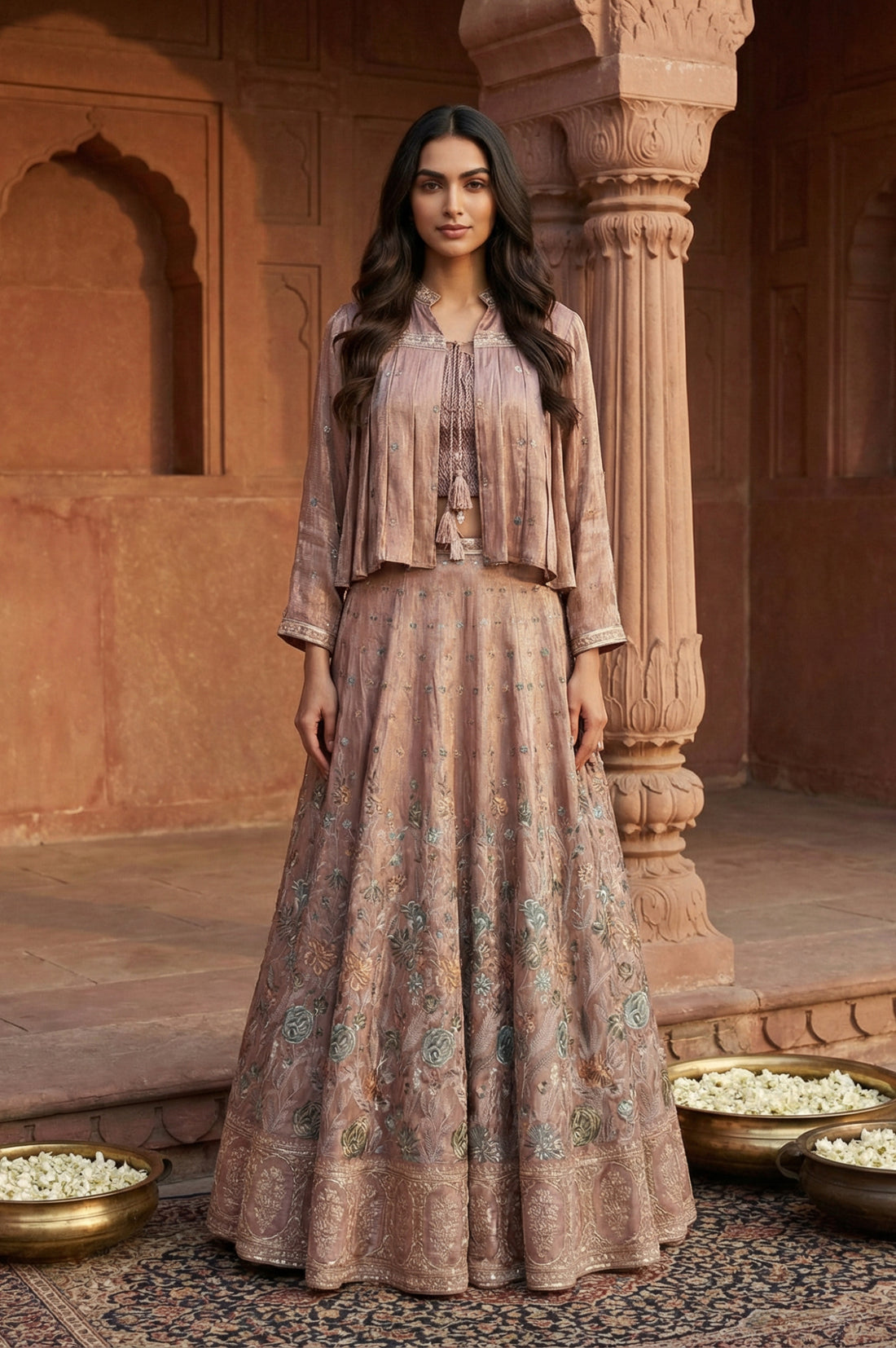 Rose Gold Embroidered Floral Zari Tissue A-line Crop Top with Skirt and Jacket Set