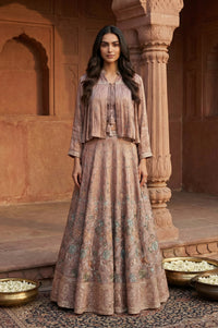 Rose Gold Embroidered Floral Zari Tissue A-line Crop Top with Skirt and Jacket Set