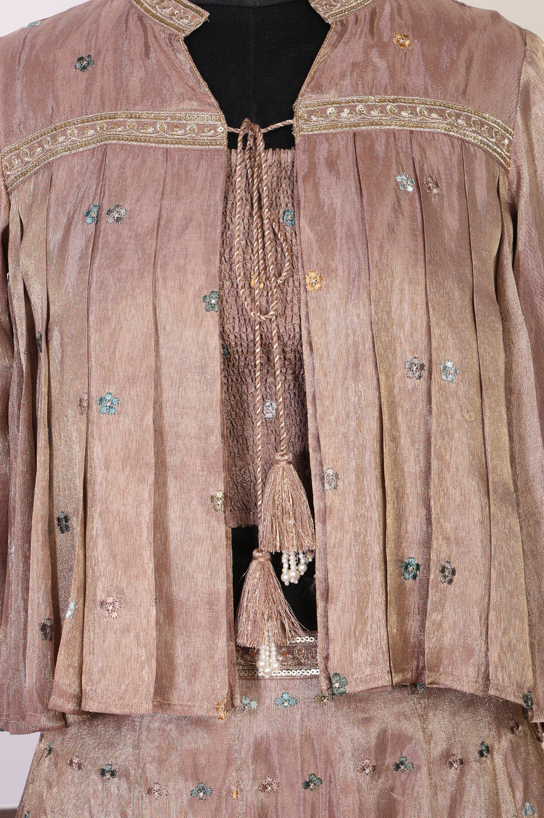Rose Gold Embroidered Floral Zari Tissue A-line Crop Top with Skirt and Jacket Set