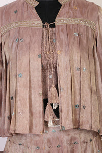 Rose Gold Embroidered Floral Zari Tissue A-line Crop Top with Skirt and Jacket Set