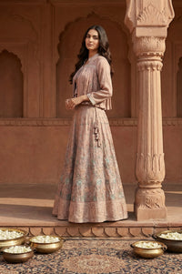 Rose Gold Embroidered Floral Zari Tissue A-line Crop Top with Skirt and Jacket Set