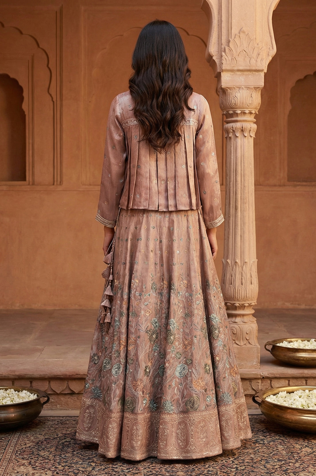 Rose Gold Embroidered Floral Zari Tissue A-line Crop Top with Skirt and Jacket Set