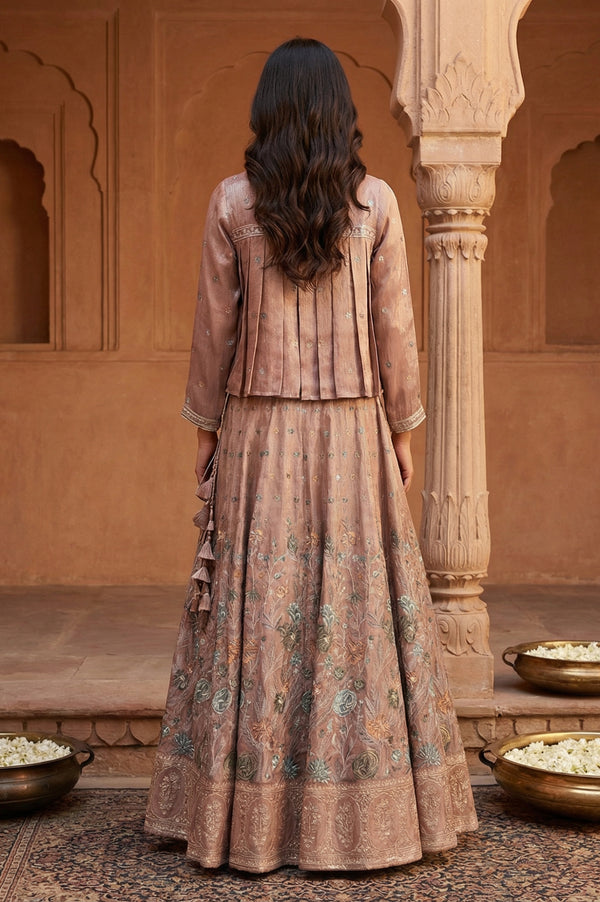 Rose Gold Embroidered Floral Zari Tissue A-line Crop Top with Skirt and Jacket Set