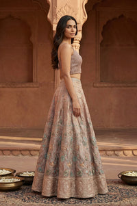 Rose Gold Embroidered Floral Zari Tissue A-line Crop Top with Skirt and Jacket Set