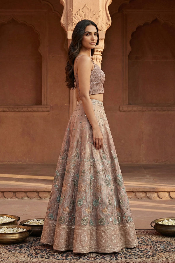 Rose Gold Embroidered Floral Zari Tissue A-line Crop Top with Skirt and Jacket Set
