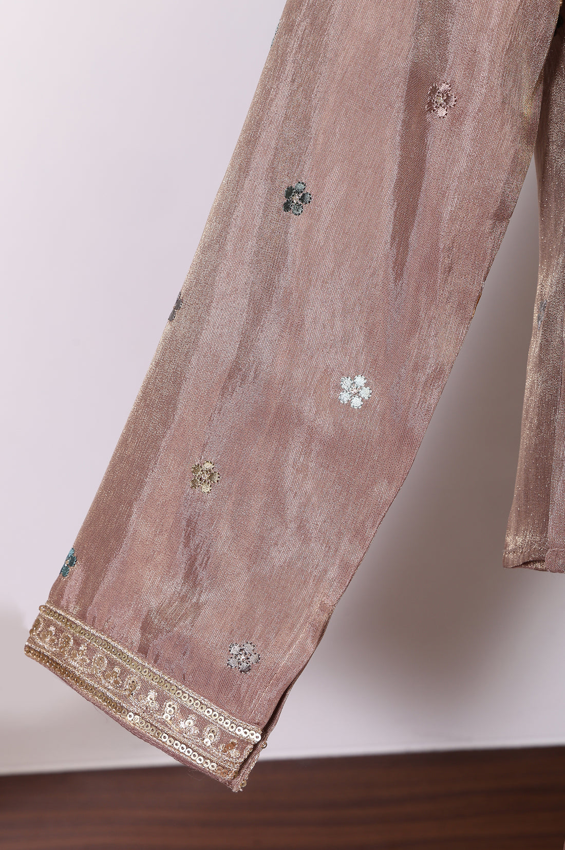 Rose Gold Embroidered Floral Zari Tissue A-line Crop Top with Skirt and Jacket Set