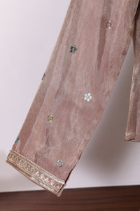 Rose Gold Embroidered Floral Zari Tissue A-line Crop Top with Skirt and Jacket Set